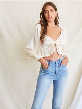 Forever 21 Light Cream Satin Tie-Front Puff Sleeve Top